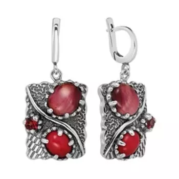 Серебряные серьги с тигровым глазом, кораллом и гранатом