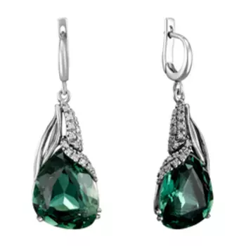 Серебряные серьги с зеленым кварцем и фианитами