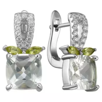 Серебряные серьги с зелеными аметистами и фианитами