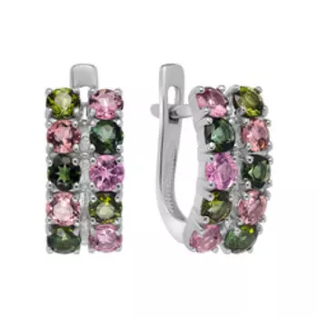 Серебряные серьги с зелеными и розовыми турмалинами