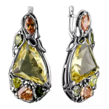 Серебряные серьги с желтым кварцем и фианитами