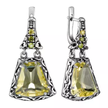 Серебряные серьги с желтым кварцем и фианитами