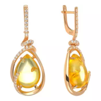 Серебряные серьги с желтым янтарем и фианитами