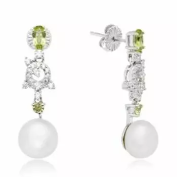 Серебряные серьги с жемчугом, хризолитами и фианитами