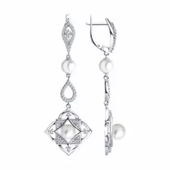 Серебряные серьги с жемчугом и фианитами