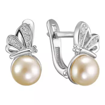 Серебряные серьги с жемчугом и фианитами "Бабочки"