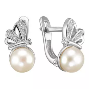 Серебряные серьги с жемчугом и фианитами "Бабочки"