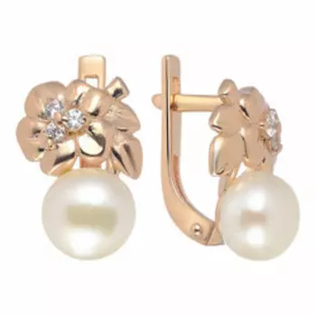 Серебряные серьги с жемчугом и фианитами "Цветы"