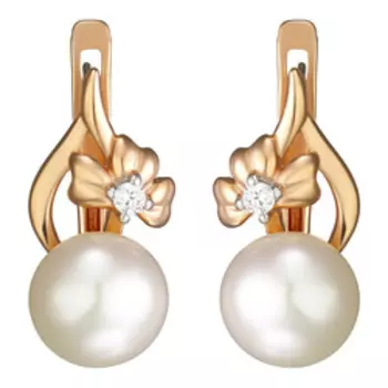 Серебряные серьги с жемчугом и фианитами "Цветы"