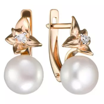 Серебряные серьги с жемчугом и фианитами "Цветы"