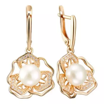 Серебряные серьги с жемчугом и фианитами "Цветы"