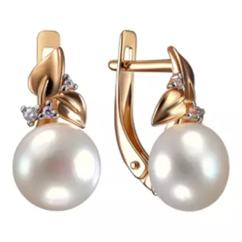 Серебряные серьги с жемчугом и фианитами "Листочки"