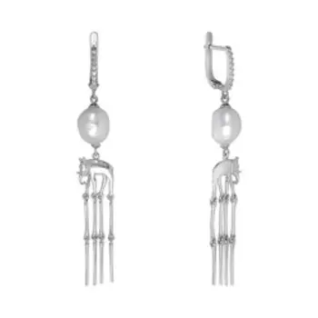 Серебряные серьги с жемчугом и фианитами "Слоны"