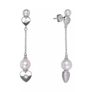 Серебряные серьги с жемчугом и кубическим цирконием "Сердца"