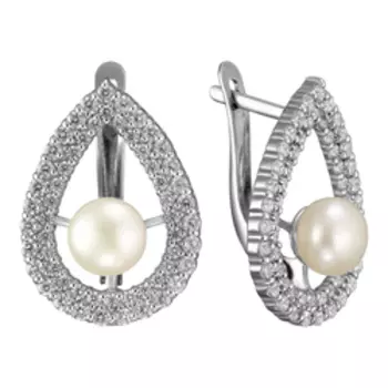 Серебряные серьги с жемчугом Swarovski и фианитами