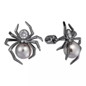 Серебряные серьги с жемчугом Swarovski и фианитами "Пауки"