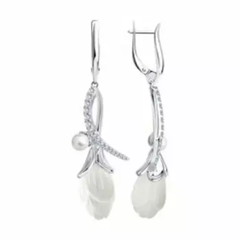 Серебряные серьги с жемчугом swarovski, кварцем и фианитами "Цветы"