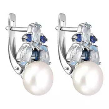 Серебряные серьги с жемчугом, топазами и фианитами
