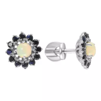 Серебряные серьги-трансформер с сапфирами и натуральными опалами "Цветы"