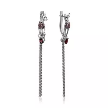 Серебряные серьги-трансформеры с родолитами "Собачки"