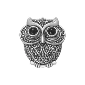Серебряный кулон-брошь с марказитами и ониксами "Сова"