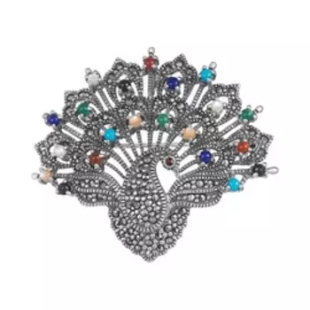 Серебряный кулон-брошь с самоцветами "Павлин"