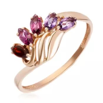 Золотое кольцо с аметистами, гранатом и родолитом