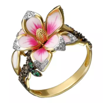 Золотое кольцо с бриллиантами, изумрудами и эмалью "Цветок"
