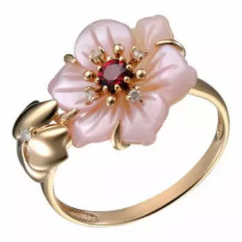 Золотое кольцо с бриллиантами, родолитом и перламутром "Цветок"