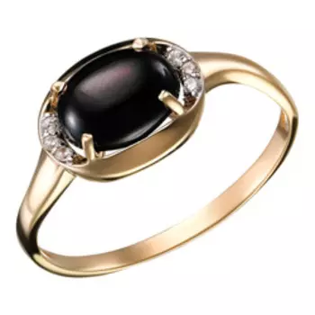 Золотое кольцо с черным гранатом и фианитами