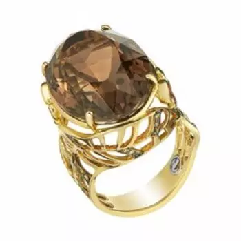 Золотое кольцо с дымчатым кварцем и оранжевыми сапфирами