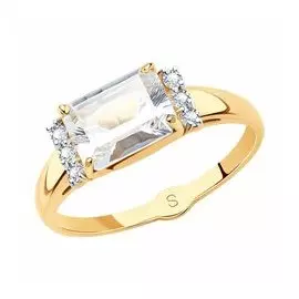 Золотое кольцо с горным хрусталем и фианитами