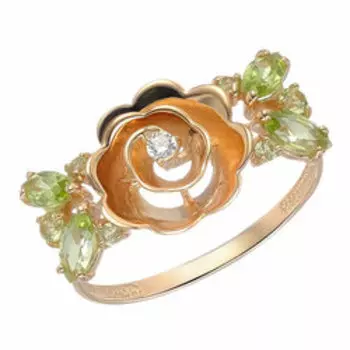 Золотое кольцо с хризолитами и фианитом "Цветок"