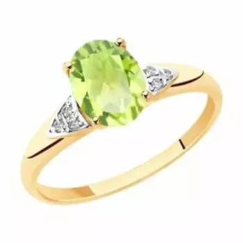 Золотое кольцо с хризолитом и фианитами