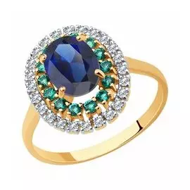 Кольцо из золота с изумрудами, корундом и фианитами