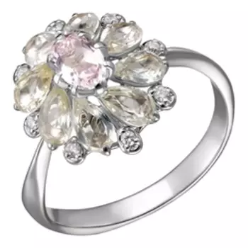 Золотое кольцо с морганитом, бриллиантами и сапфирами