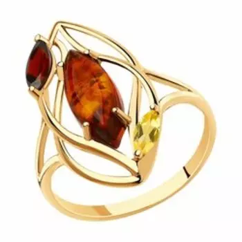 Золотое кольцо с янтарем и самоцветами