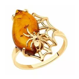Золотое кольцо с янтарем "Паук"