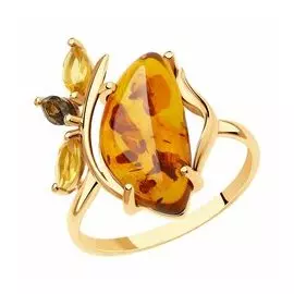 Золотое кольцо с раухтопазом, цитринами и янтарём