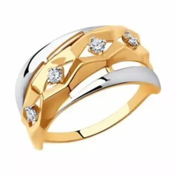 Золотое кольцо с родированием и фианитами