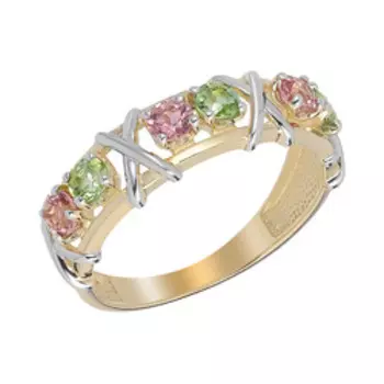 Золотое кольцо с розовыми и зелеными турмалинами