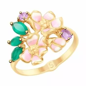 Золотое кольцо с самоцветами и эмалью