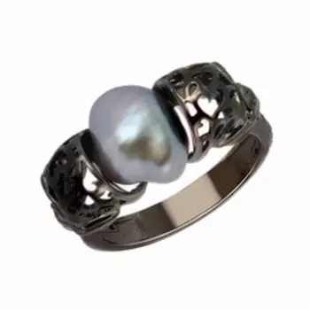 Золотое кольцо с серым жемчугом Барокко и черными бриллиантами