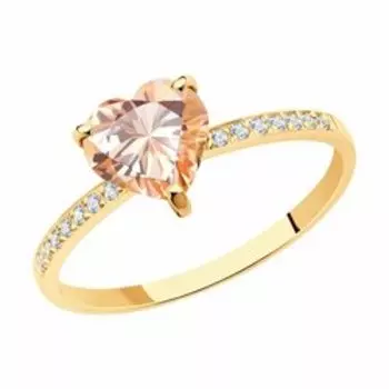 Золотое кольцо с ситаллом и фианитами "Сердце"