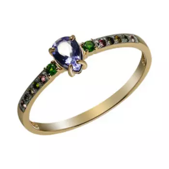 Золотое кольцо с танзанитом, хромдиопсидами и турмалинами