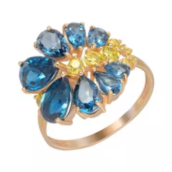 Золотое кольцо с топазами и фианитами "Цветок"