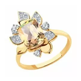 Золотое кольцо с топазом Swarovski и фианитами Swarovski