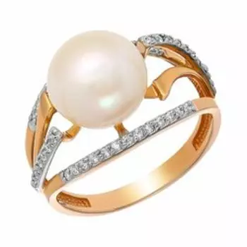 Золотое кольцо с жемчугом и фианитами