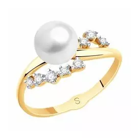 Золотое кольцо с жемчугом и фианитами