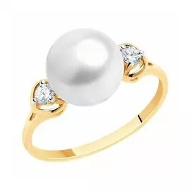 Золотое кольцо с жемчугом и фианитами